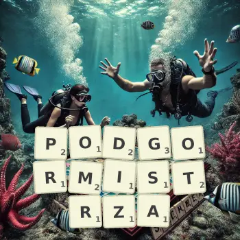 Kreatywna ilustracja do gry w Scrabble ze słowem PODGORMISTRZA ułożonym z płytek na planszy.