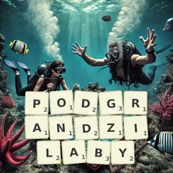 Kreatywna ilustracja do gry w Scrabble ze słowem PODGRANDZILABY ułożonym z płytek na planszy.