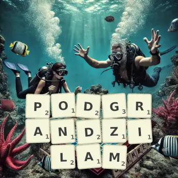Kreatywna ilustracja do gry w Scrabble ze słowem PODGRANDZILAM ułożonym z płytek na planszy.