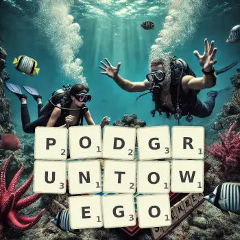 Kreatywna ilustracja do gry w Scrabble ze słowem PODGRUNTOWEGO ułożonym z płytek na planszy.