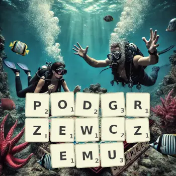 Kreatywna ilustracja do gry w Scrabble ze słowem PODGRZEWCZEMU ułożonym z płytek na planszy.