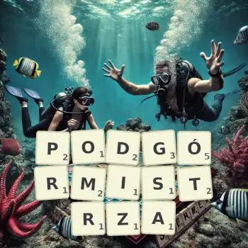 Kreatywna ilustracja do gry w Scrabble ze słowem PODGÓRMISTRZA ułożonym z płytek na planszy.