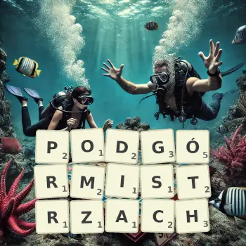 Kreatywna ilustracja do gry w Scrabble ze słowem PODGÓRMISTRZACH ułożonym z płytek na planszy.