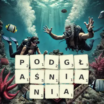 Kreatywna ilustracja do gry w Scrabble ze słowem PODGŁAŚNIANIA ułożonym z płytek na planszy.