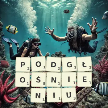 Kreatywna ilustracja do gry w Scrabble ze słowem PODGŁOŚNIENIU ułożonym z płytek na planszy.