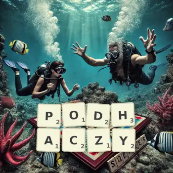 Kreatywna ilustracja do gry w Scrabble ze słowem PODHACZY ułożonym z płytek na planszy.