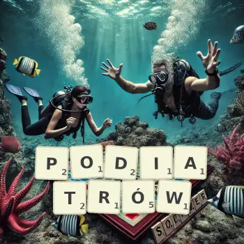 Kreatywna ilustracja do gry w Scrabble ze słowem PODIATRÓW ułożonym z płytek na planszy.