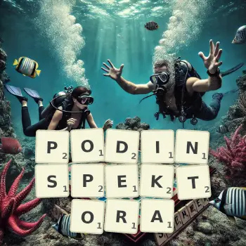 Kreatywna ilustracja do gry w Scrabble ze słowem PODINSPEKTORA ułożonym z płytek na planszy.