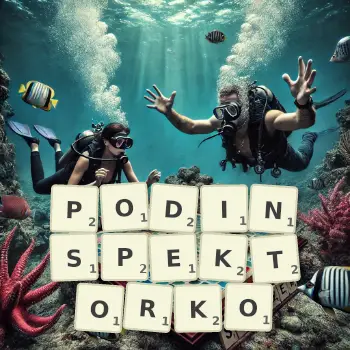 Kreatywna ilustracja do gry w Scrabble ze słowem PODINSPEKTORKO ułożonym z płytek na planszy.