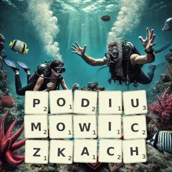 Kreatywna ilustracja do gry w Scrabble ze słowem PODIUMOWICZKACH ułożonym z płytek na planszy.