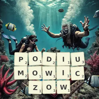 Kreatywna ilustracja do gry w Scrabble ze słowem PODIUMOWICZOW ułożonym z płytek na planszy.