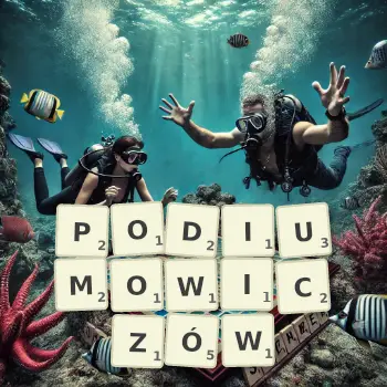Kreatywna ilustracja do gry w Scrabble ze słowem PODIUMOWICZÓW ułożonym z płytek na planszy.