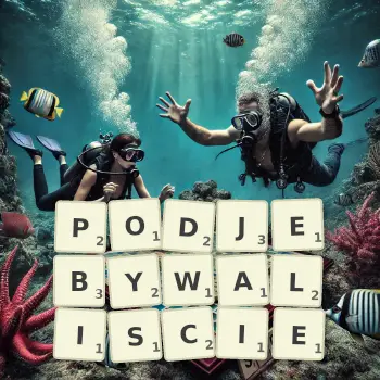 Kreatywna ilustracja do gry w Scrabble ze słowem PODJEBYWALISCIE ułożonym z płytek na planszy.