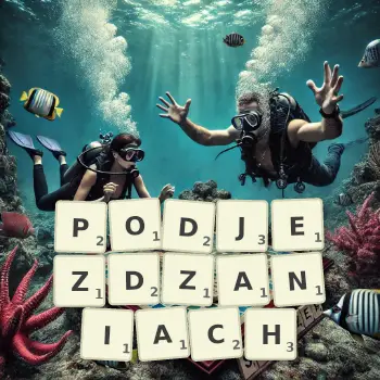 Kreatywna ilustracja do gry w Scrabble ze słowem PODJEZDZANIACH ułożonym z płytek na planszy.