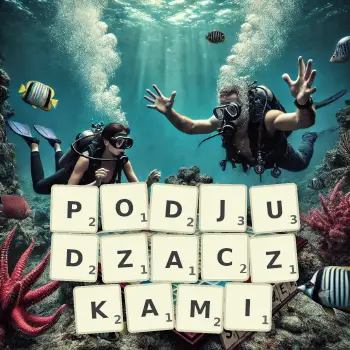 Kreatywna ilustracja do gry w Scrabble ze słowem PODJUDZACZKAMI ułożonym z płytek na planszy.