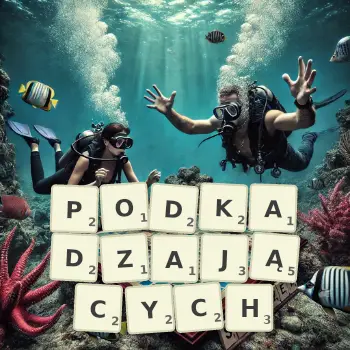 Kreatywna ilustracja do gry w Scrabble ze słowem PODKADZAJĄCYCH ułożonym z płytek na planszy.