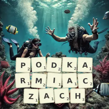 Kreatywna ilustracja do gry w Scrabble ze słowem PODKARMIACZACH ułożonym z płytek na planszy.