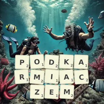 Kreatywna ilustracja do gry w Scrabble ze słowem PODKARMIACZEM ułożonym z płytek na planszy.