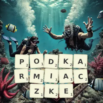 Kreatywna ilustracja do gry w Scrabble ze słowem PODKARMIACZKE ułożonym z płytek na planszy.