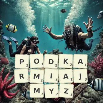 Kreatywna ilustracja do gry w Scrabble ze słowem PODKARMIAJMYZ ułożonym z płytek na planszy.