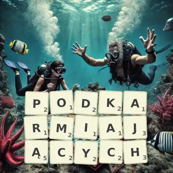 Kreatywna ilustracja do gry w Scrabble ze słowem PODKARMIAJĄCYCH ułożonym z płytek na planszy.