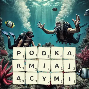 Kreatywna ilustracja do gry w Scrabble ze słowem PODKARMIAJĄCYMI ułożonym z płytek na planszy.