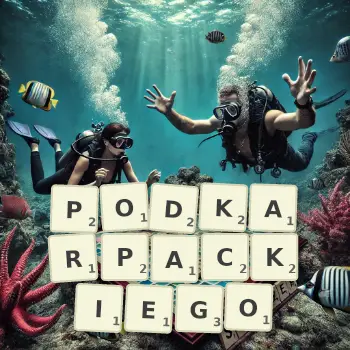 Kreatywna ilustracja do gry w Scrabble ze słowem PODKARPACKIEGO ułożonym z płytek na planszy.