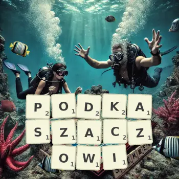 Kreatywna ilustracja do gry w Scrabble ze słowem PODKASZACZOWI ułożonym z płytek na planszy.
