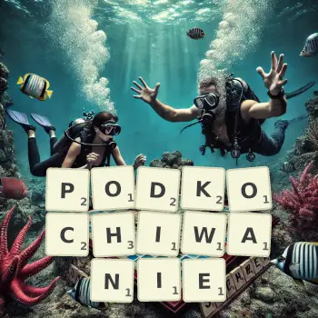 Kreatywna ilustracja do gry w Scrabble ze słowem PODKOCHIWANIE ułożonym z płytek na planszy.
