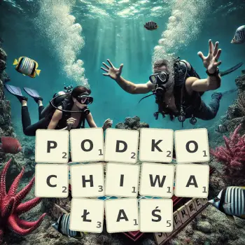 Kreatywna ilustracja do gry w Scrabble ze słowem PODKOCHIWAŁAŚ ułożonym z płytek na planszy.