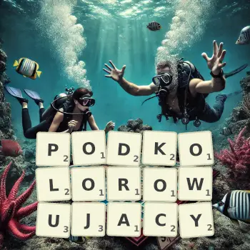 Kreatywna ilustracja do gry w Scrabble ze słowem PODKOLOROWUJACY ułożonym z płytek na planszy.