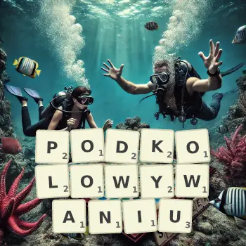 Kreatywna ilustracja do gry w Scrabble ze słowem PODKOLOWYWANIU ułożonym z płytek na planszy.