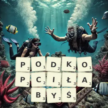 Kreatywna ilustracja do gry w Scrabble ze słowem PODKOPCIŁABYŚ ułożonym z płytek na planszy.