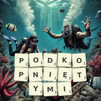 Kreatywna ilustracja do gry w Scrabble ze słowem PODKOPNIĘTYMI ułożonym z płytek na planszy.