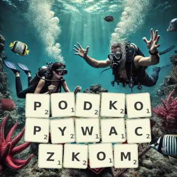 Kreatywna ilustracja do gry w Scrabble ze słowem PODKOPYWACZKOM ułożonym z płytek na planszy.