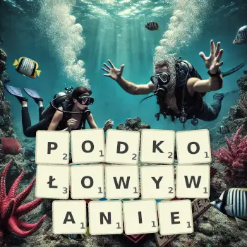 Kreatywna ilustracja do gry w Scrabble ze słowem PODKOŁOWYWANIE ułożonym z płytek na planszy.