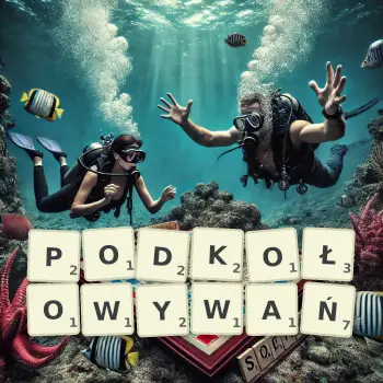 Kreatywna ilustracja do gry w Scrabble ze słowem PODKOŁOWYWAŃ ułożonym z płytek na planszy.