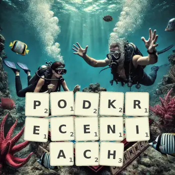 Kreatywna ilustracja do gry w Scrabble ze słowem PODKRECENIACH ułożonym z płytek na planszy.