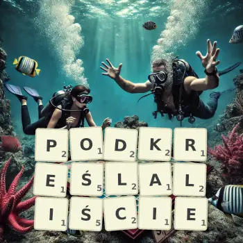 Kreatywna ilustracja do gry w Scrabble ze słowem PODKREŚLALIŚCIE ułożonym z płytek na planszy.