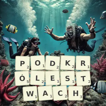 Kreatywna ilustracja do gry w Scrabble ze słowem PODKRÓLESTWACH ułożonym z płytek na planszy.