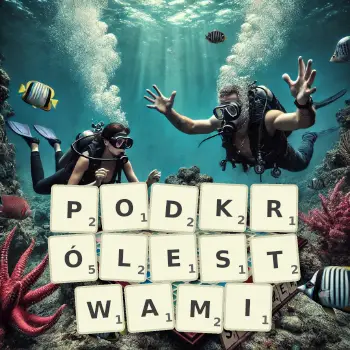 Kreatywna ilustracja do gry w Scrabble ze słowem PODKRÓLESTWAMI ułożonym z płytek na planszy.