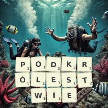 Kreatywna ilustracja do gry w Scrabble ze słowem PODKRÓLESTWIE ułożonym z płytek na planszy.