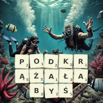 Kreatywna ilustracja do gry w Scrabble ze słowem PODKRĄŻAŁABYŚ ułożonym z płytek na planszy.