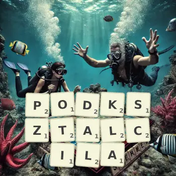 Kreatywna ilustracja do gry w Scrabble ze słowem PODKSZTALCILA ułożonym z płytek na planszy.