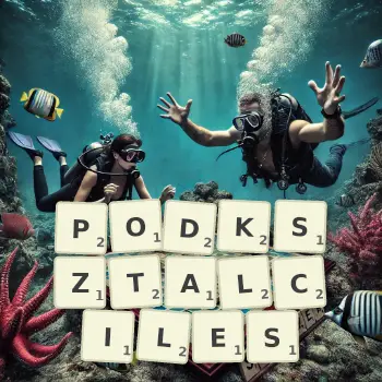 Kreatywna ilustracja do gry w Scrabble ze słowem PODKSZTALCILES ułożonym z płytek na planszy.