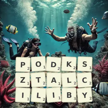 Kreatywna ilustracja do gry w Scrabble ze słowem PODKSZTALCILIBY ułożonym z płytek na planszy.