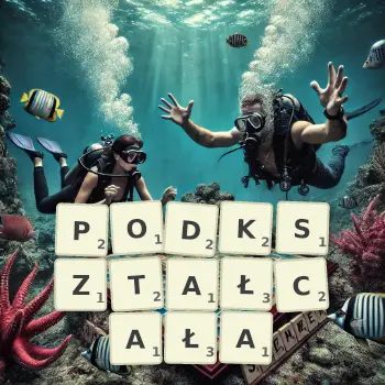 Kreatywna ilustracja do gry w Scrabble ze słowem PODKSZTAŁCAŁA ułożonym z płytek na planszy.