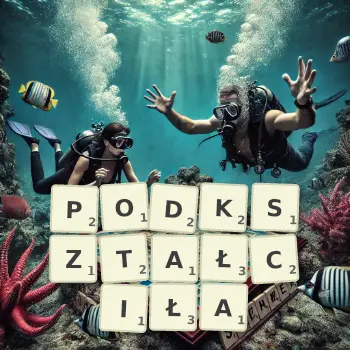 Kreatywna ilustracja do gry w Scrabble ze słowem PODKSZTAŁCIŁA ułożonym z płytek na planszy.