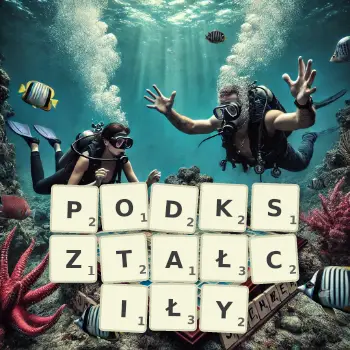 Kreatywna ilustracja do gry w Scrabble ze słowem PODKSZTAŁCIŁY ułożonym z płytek na planszy.