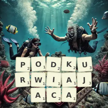 Kreatywna ilustracja do gry w Scrabble ze słowem PODKURWIAJACA ułożonym z płytek na planszy.